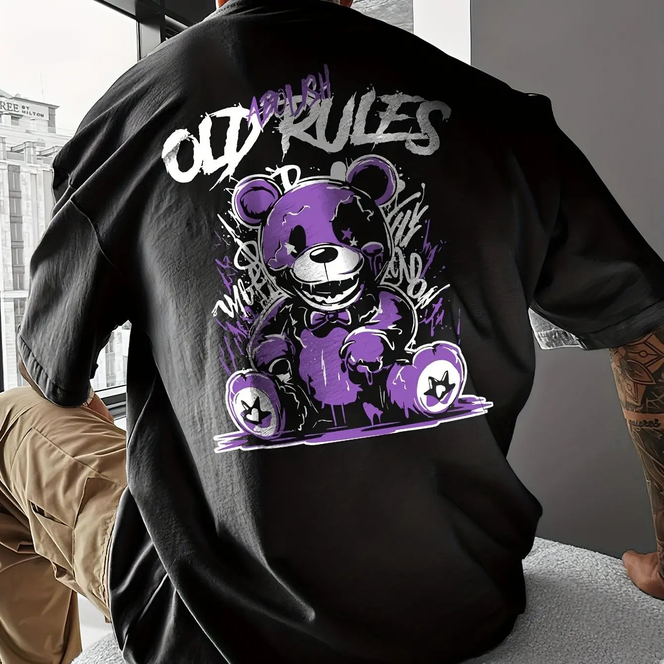 Men's Cotton Fashionable Casual Loose Large Cartoon Bear Pattern Printed Round Neck Short Sleeve T-shirt Top