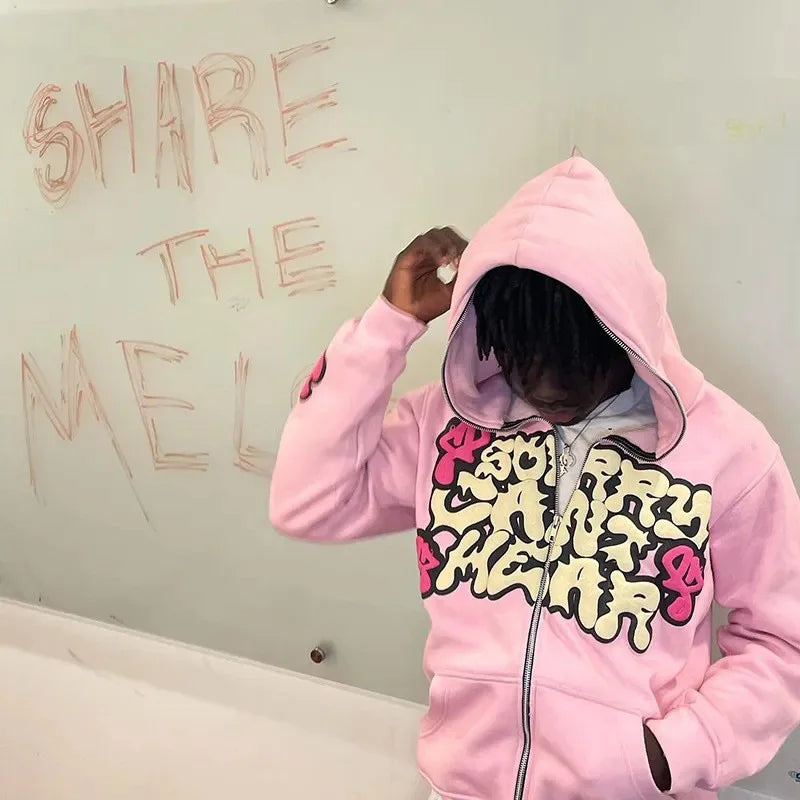 Harajuku Jacket Letter Print Coat Men Women Jackets Pink Zip Hooded Sweatshirt Fashion Long-sleeved Zipper Tops Casual Hoodies