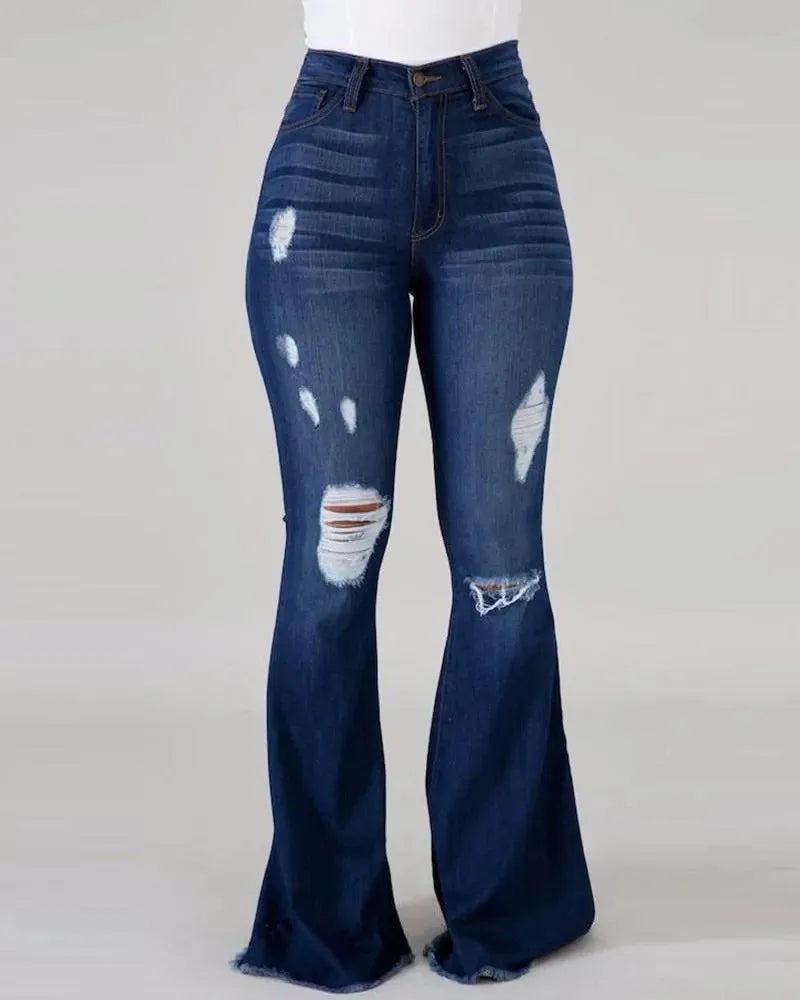 Denim Womens Pants High-stretch Ripped Jeans High-waisted Flared for Women