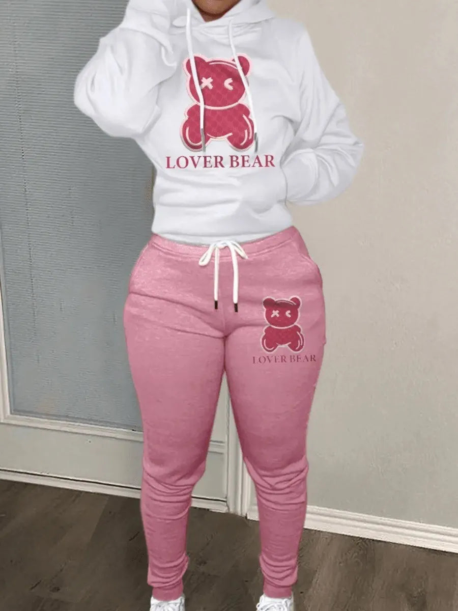 women's loose and fashionable plus size cartoon bear print hooded sweater+woolen pants set