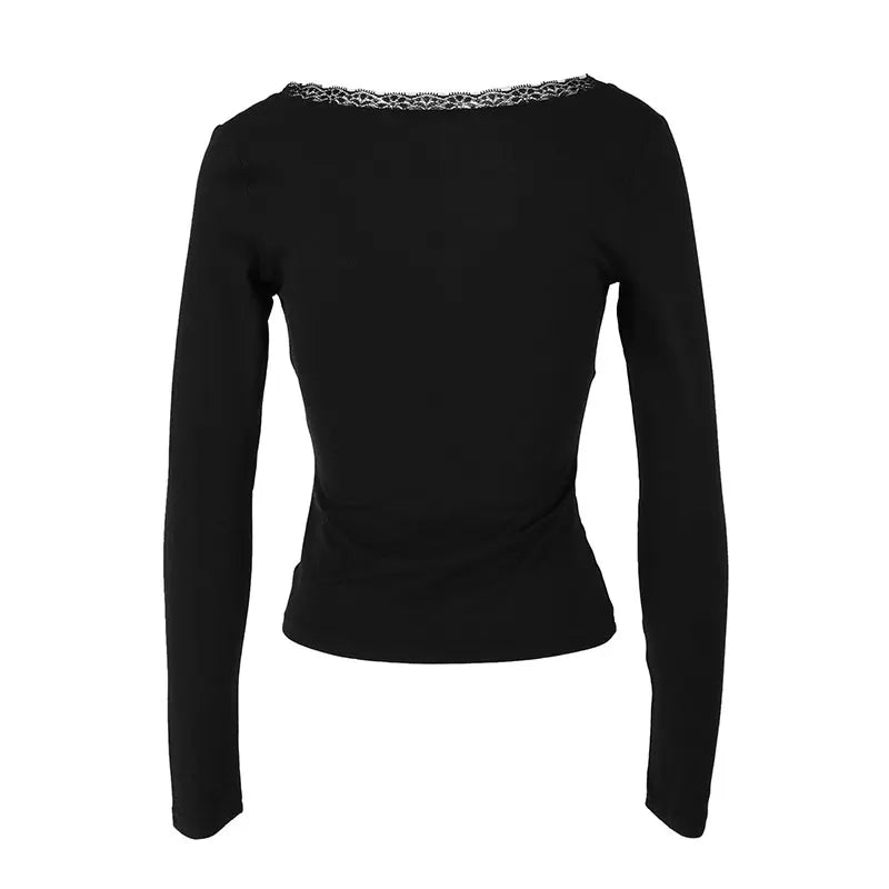 Women's T-shirtBlack Sexy V-Neck Lace T-shirt Streetwear Fashion Long Sleeves Female Versatile Casual Slim Tees Top