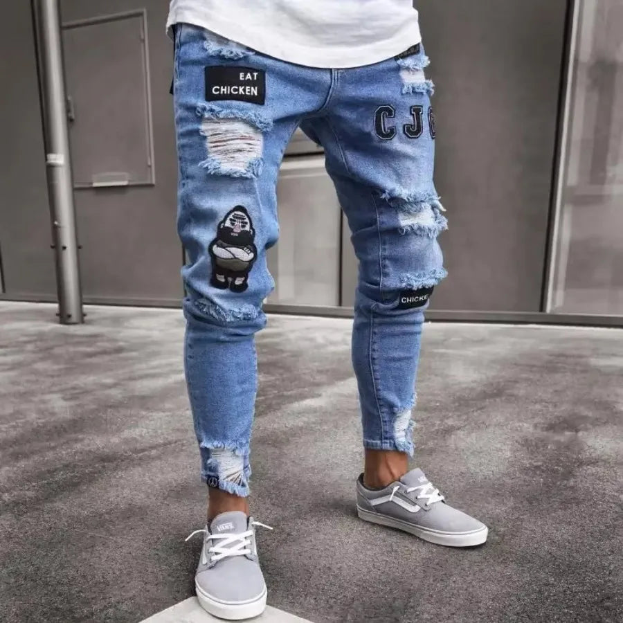 Plus Size Pants Men Skinny Ripped Hole Patchwork Jeans Slim Pencil Denim Streetwear Men's