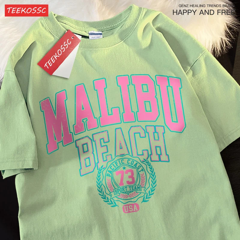 Malibu Beach Simple Letter Printing Print  Women Top Fashion T Shirt Cotton Loose T-Shirt Casual O-Neck Clothes Oversize Top