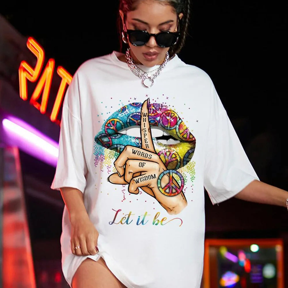 Women's fashion loose plus size letter lip print printed short sleeved T-shirt dress
