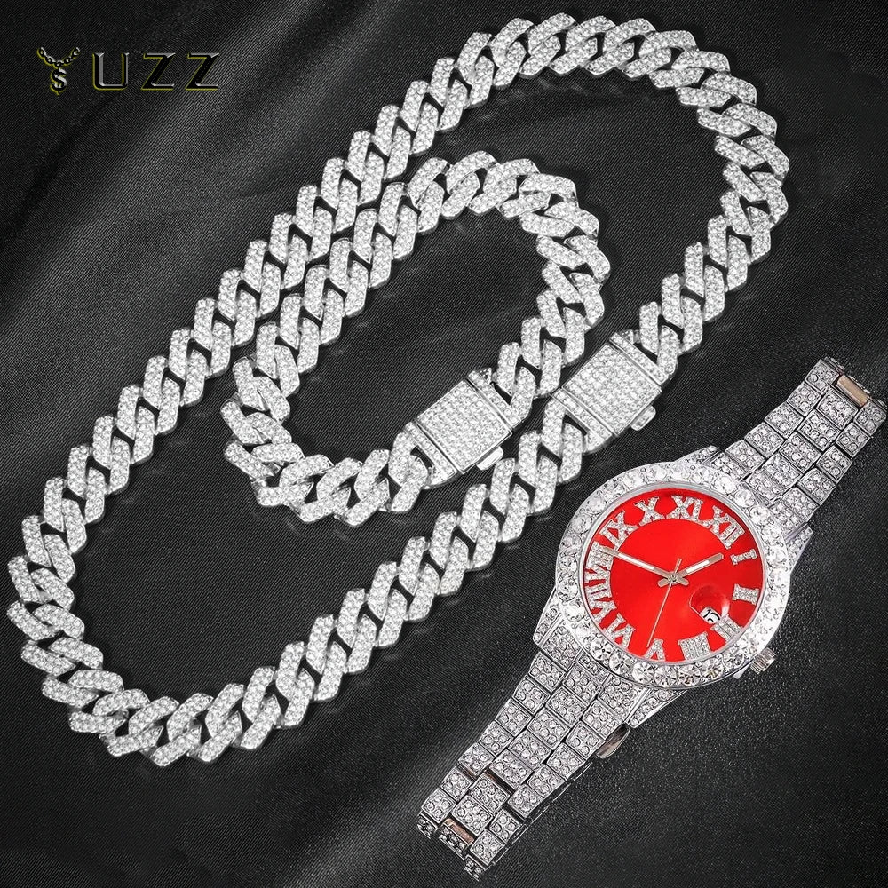 3pcs Cuban Chain Watch for Men Miami Curb Iced Out Paved Rhinestones Rapper Cuban Necklace Suit Watch+Bracelet Jewelry