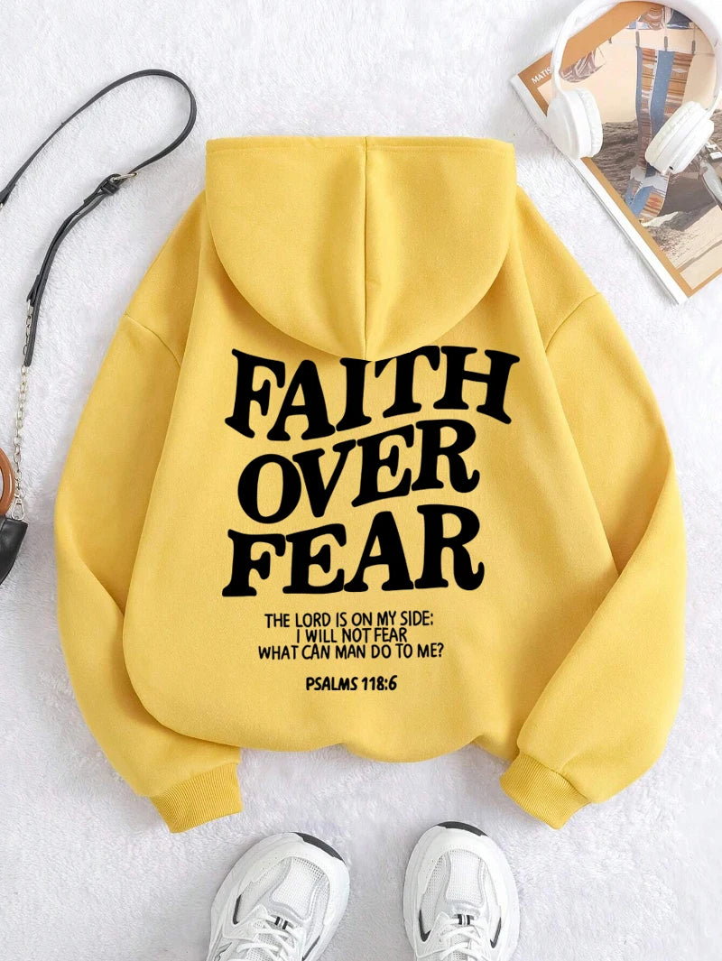 Casual Women's Hoodies Faith Over Fear Letter Printing Sweatshirts Fleece Warm Comfortable Pocket Streetwear