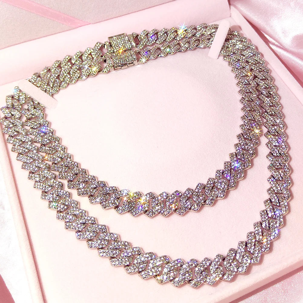 14MM Miami Prong Cuban Link Chain Necklace for Women Gold Silver Color Luxury 2 Row Rhinestones Cuban Choker Iced Out Jewelry