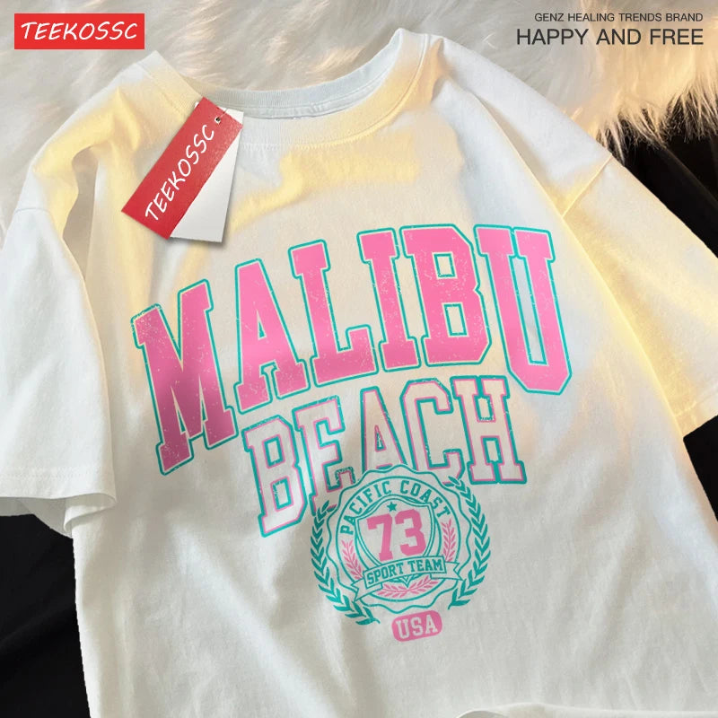 Malibu Beach Simple Letter Printing Print  Women Top Fashion T Shirt Cotton Loose T-Shirt Casual O-Neck Clothes Oversize Top