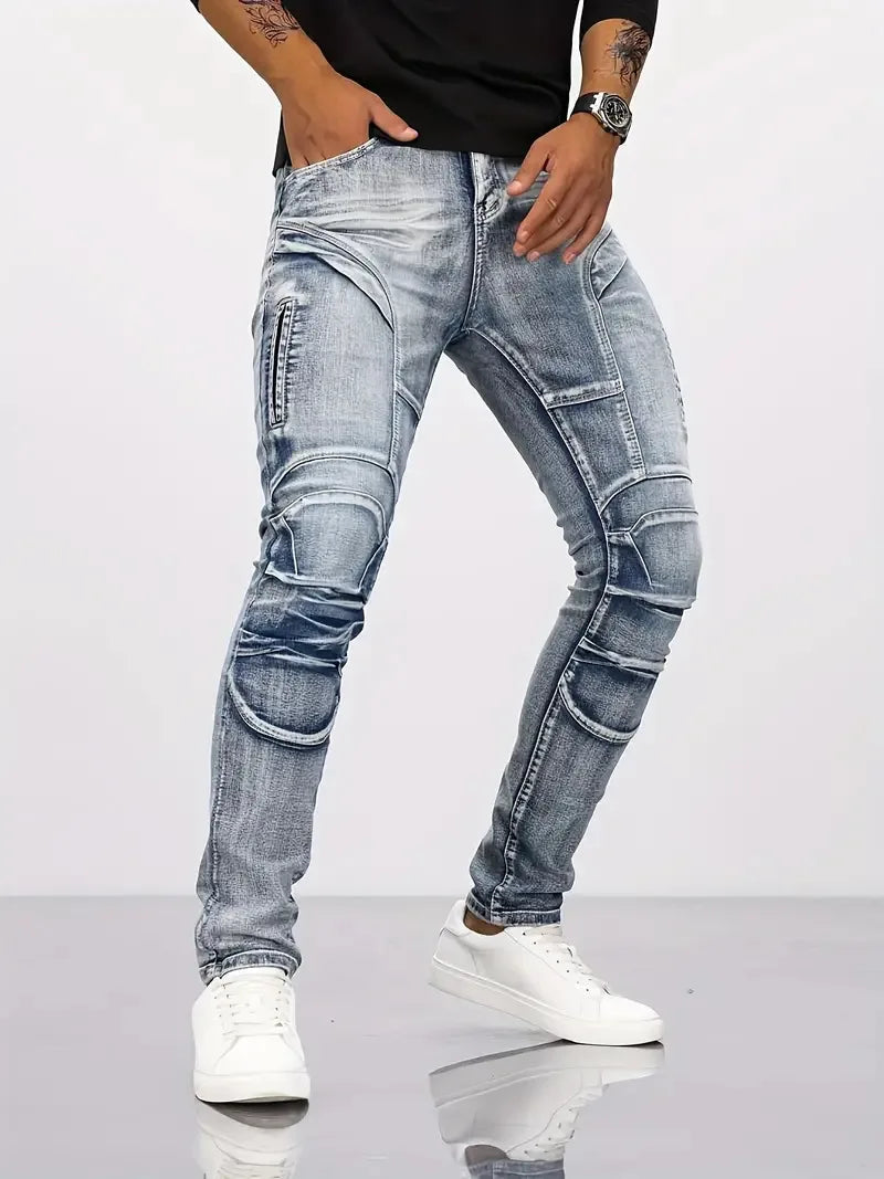 Two tone distressed patchwork jeans for men thin straight leg pants slim fit small leg distressed jeans