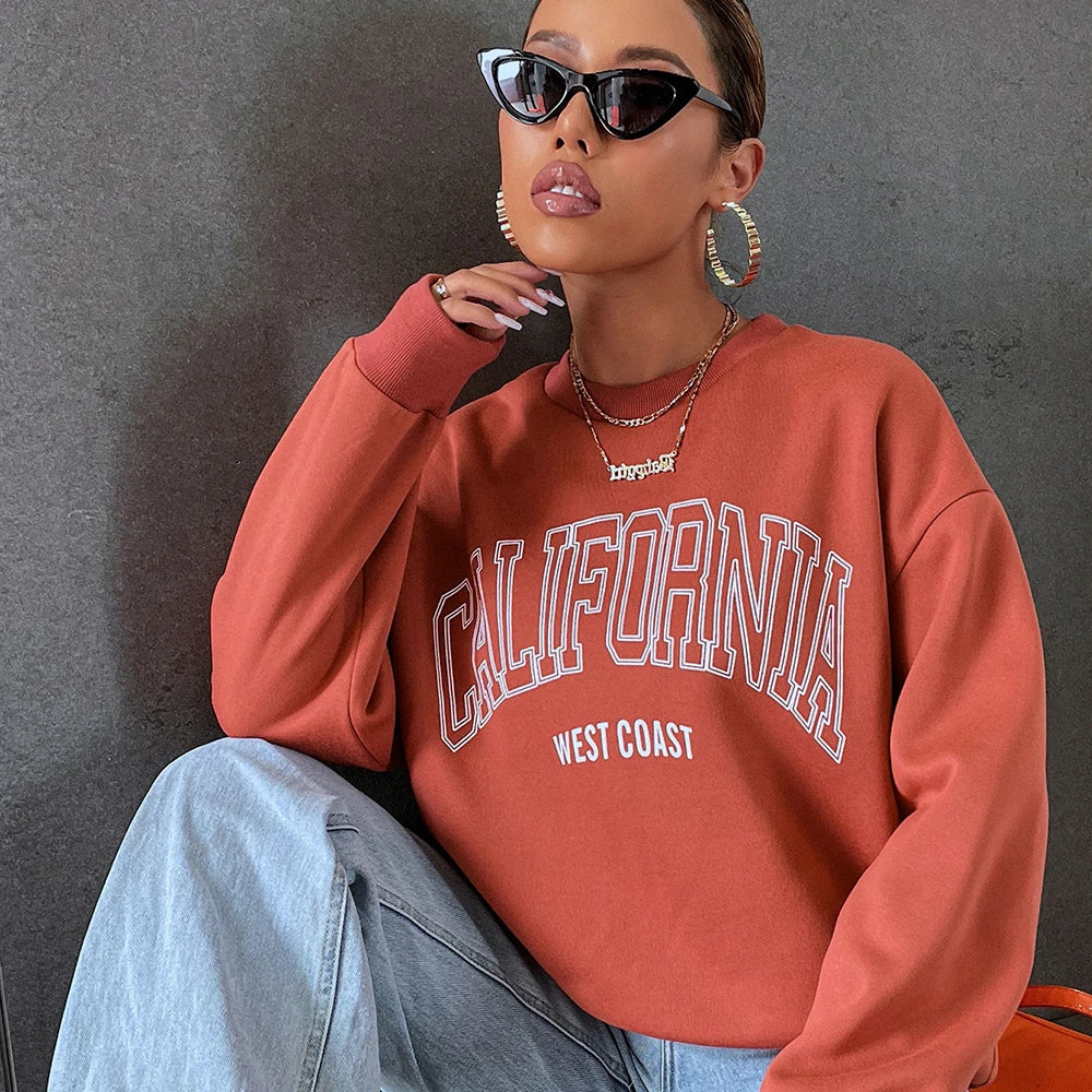 Woman Sweatshirts California West Coast Print Female hoodie Long Sleeves O-neck Pullovers Sporty and Rich Clothing