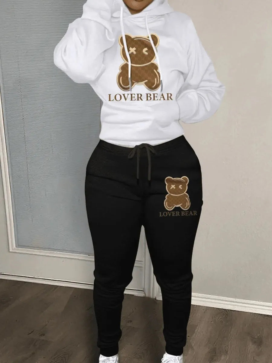 women's loose and fashionable plus size cartoon bear print hooded sweater+woolen pants set