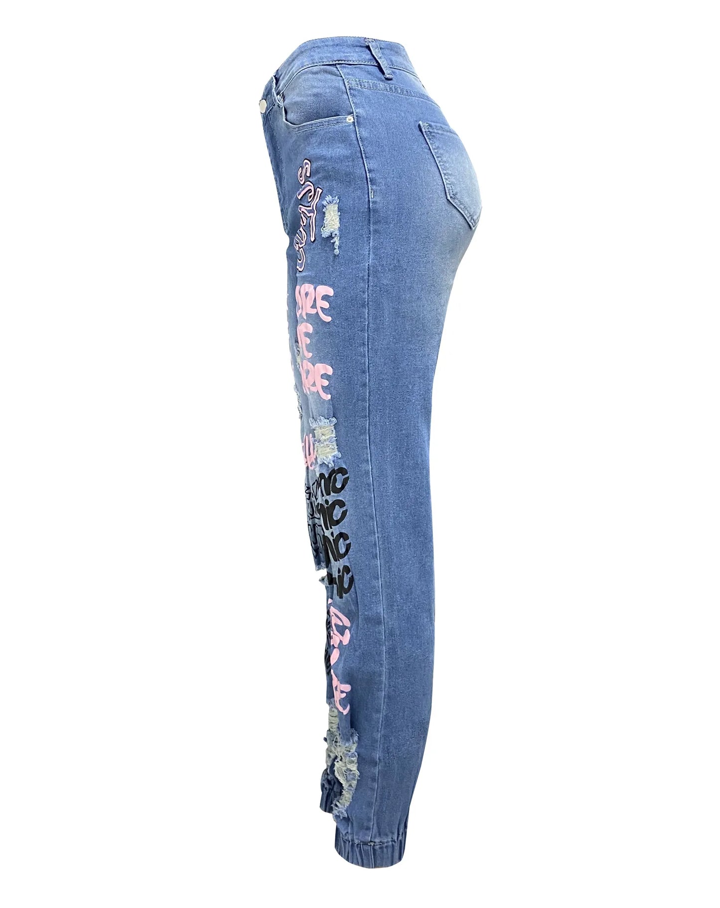 Women Denim Jeans Ankle Length Print Pants Pockets Slim