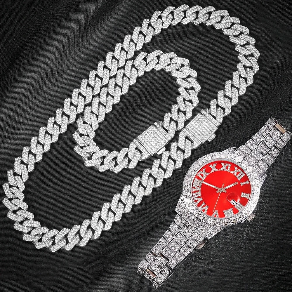 3pcs Cuban Chain Watch for Men Miami Curb Iced Out Paved Rhinestones Rapper Cuban Necklace Suit Watch+Bracelet Jewelry