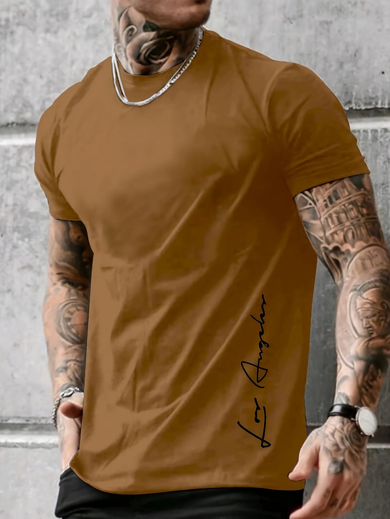 Men's 100 cotton summer loose Contrast Color  los Angelest print slim fit casual round neck short sleeved T-shirt