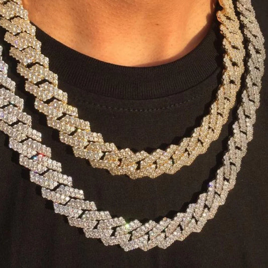 Men Women 14MM Prong Cuban Link Chain Necklace Bling Iced Out 2 Row Rhinestone Cuban Necklace Jewelry