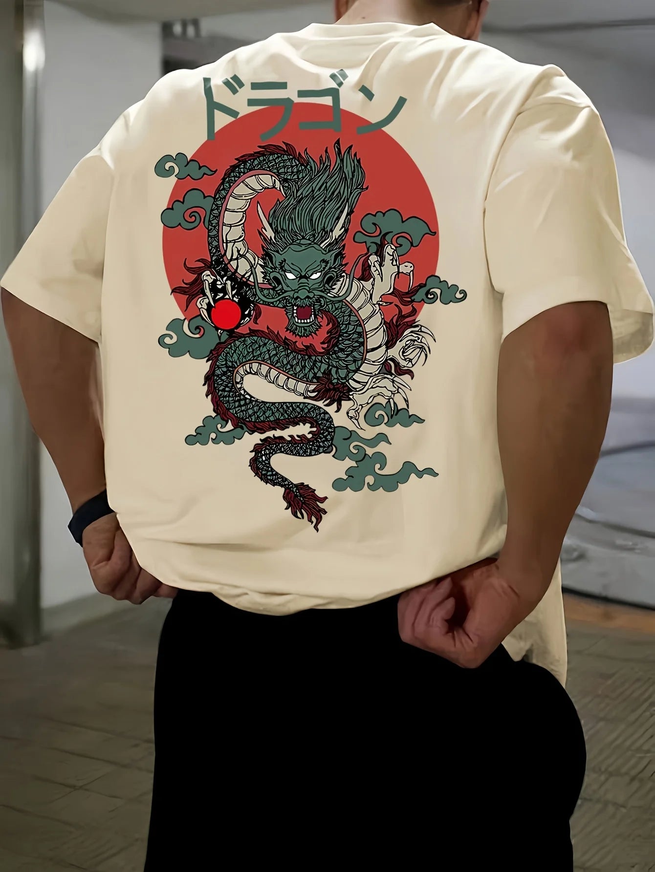 Men's Cotton Fashionable Casual Loose Japanese Anime Dragon Pattern Printed Round Neck Short Sleeve T-shirt Top