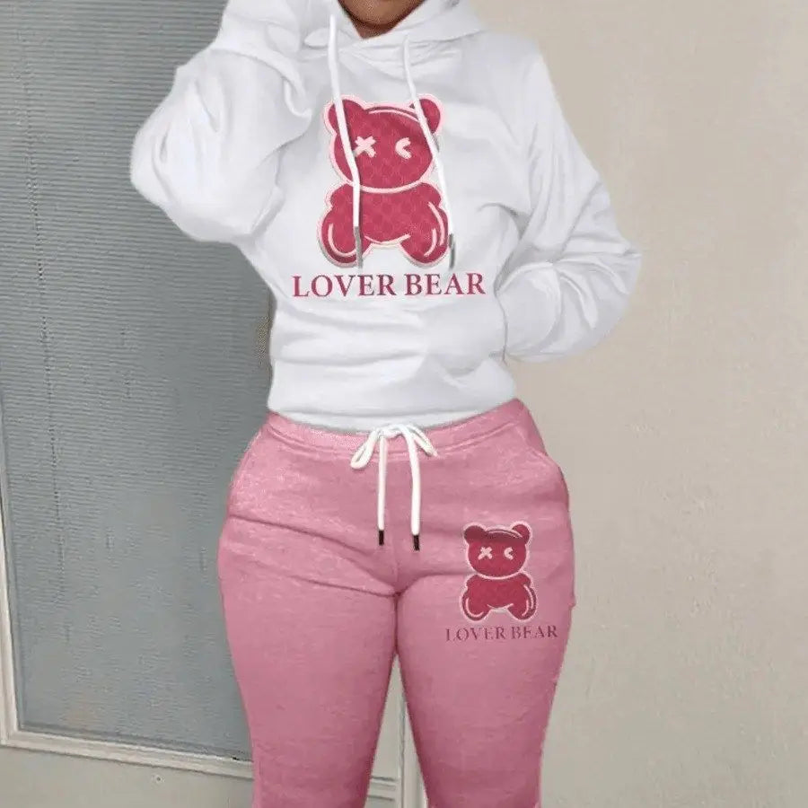women's loose and fashionable plus size cartoon bear print hooded sweater+woolen pants set