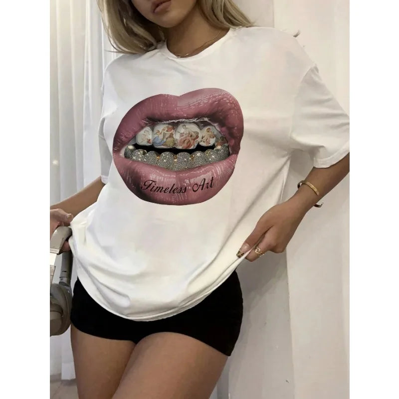 Oversized Butterfly Pattern T-shirt, Women's Black Round Neck Short Sleeve Casual Loose Comfort T-Shirt