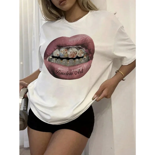 Oversized Butterfly Pattern T-shirt, Women's Black Round Neck Short Sleeve Casual Loose Comfort T-Shirt
