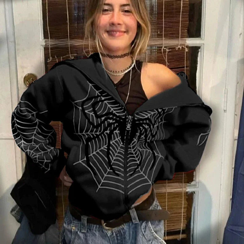 Cross Border Spider Web Zipper Sweater Women's Casual Trendy Hoodie