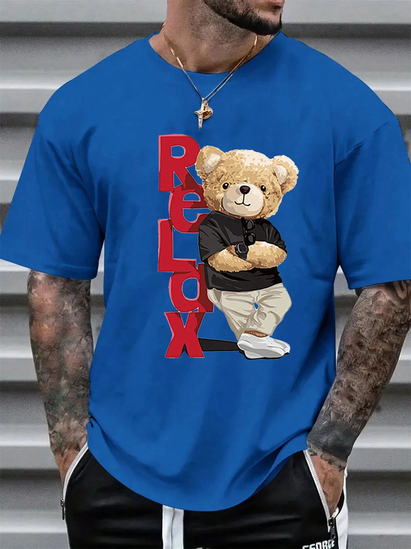 Men's 100% Cotton Fashionable Casual Loose Large Size Letter Bear Printed Sports Round Neck Short Sleeve T-shirt Top