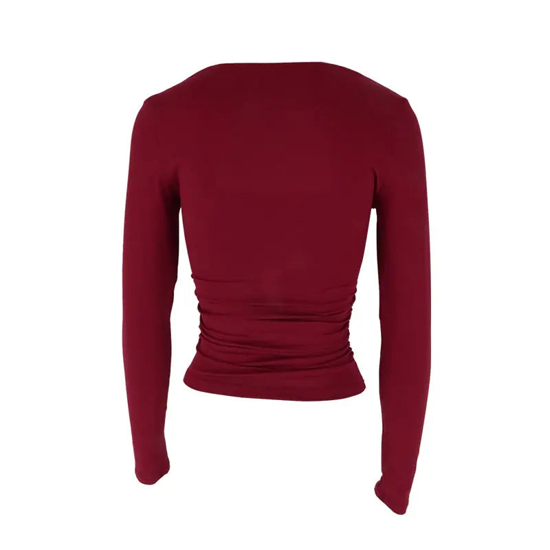 Women Sexy Low Chest Solid Elegant T-shirt Streetwear Fashion Long Sleeves Casual Slim Versatile Female Tees