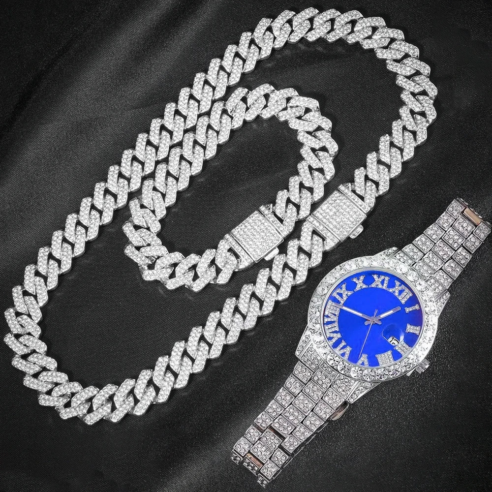 3pcs Cuban Chain Watch for Men Miami Curb Iced Out Paved Rhinestones Rapper Cuban Necklace Suit Watch+Bracelet Jewelry