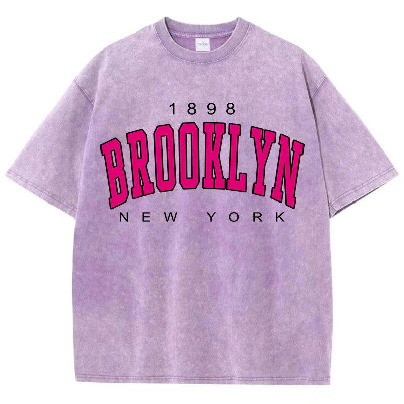 Womans Cotton Washed T-Shirts Fashion Loose O-Neck Short Sleeve Brooklyn New York Printing Tops Female Clothes