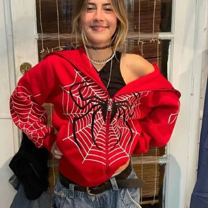 Cross Border Spider Web Zipper Sweater Women's Casual Trendy Hoodie