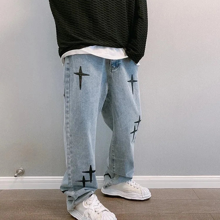 Vintage Fashion Straight Casual Loose Denim Cargo Pants Men Designer Prints Star Jeans Streetwear Loose Wide Leg Jeans