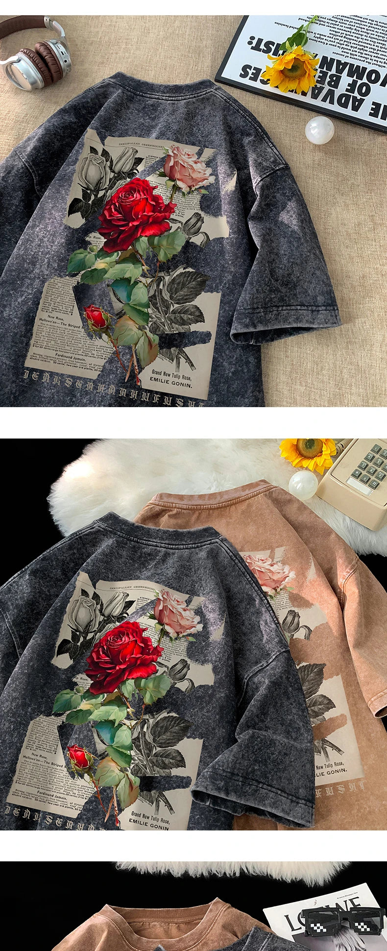 Gothic T-Shirt for Men Vintage Rose Graphic Short Sleeve Tee Tops Street Men Women Clothing