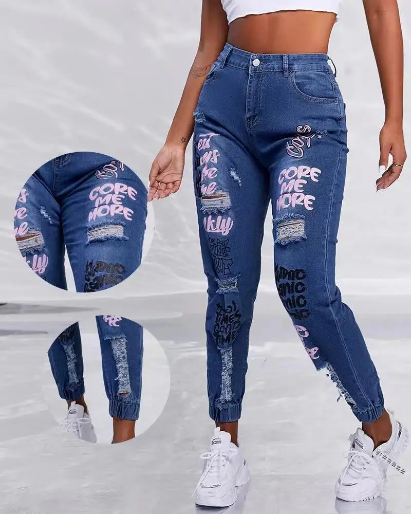 Women Denim Jeans Ankle Length Print Pants Pockets Slim