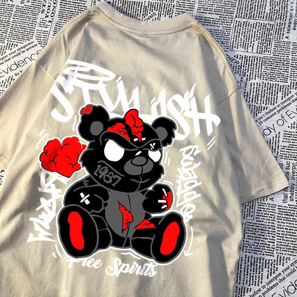 Exploding Black Puppet Bear MenT-Shirts High Quality Cotton Tops Loose T Shirts