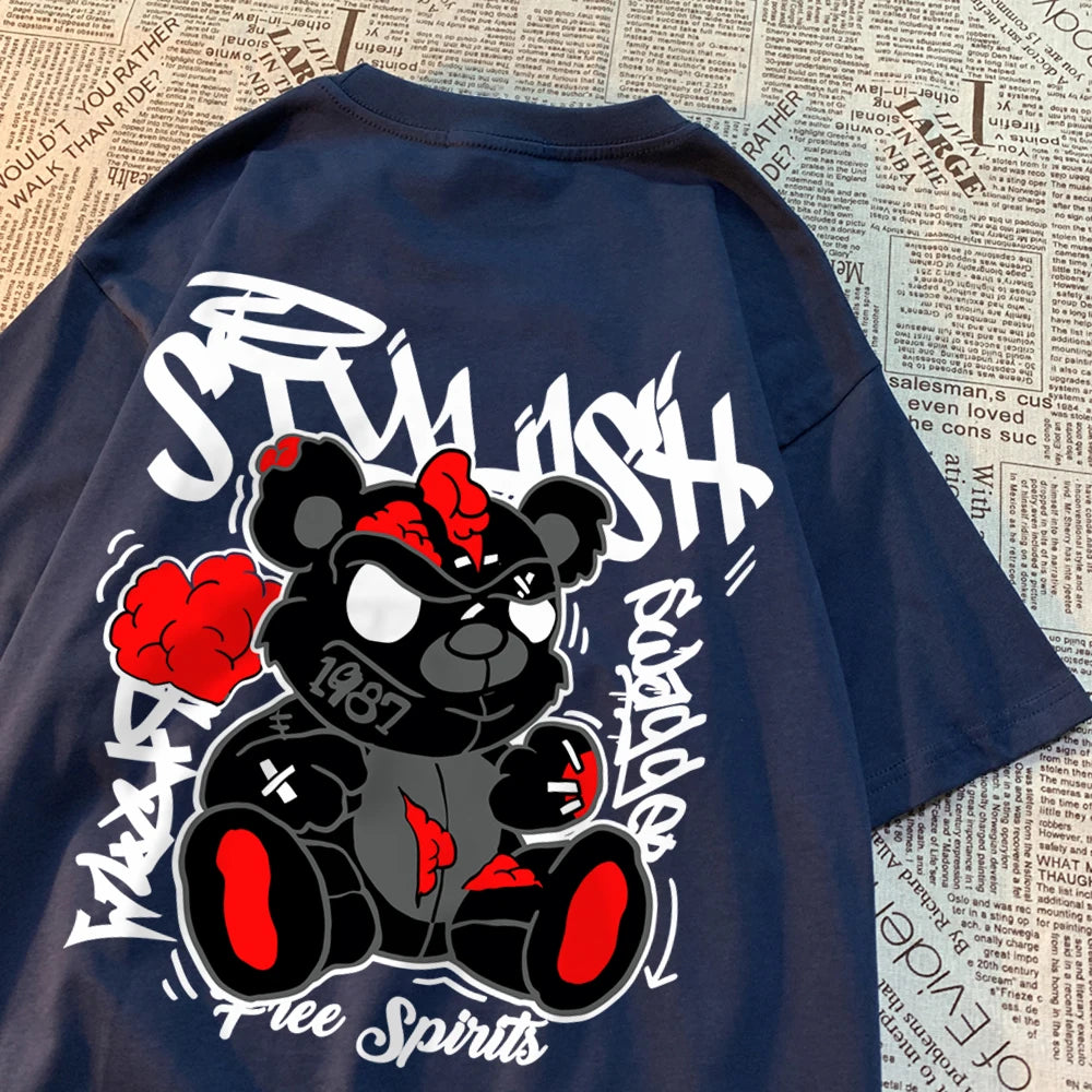Exploding Black Puppet Bear MenT-Shirts High Quality Cotton Tops Loose T Shirts