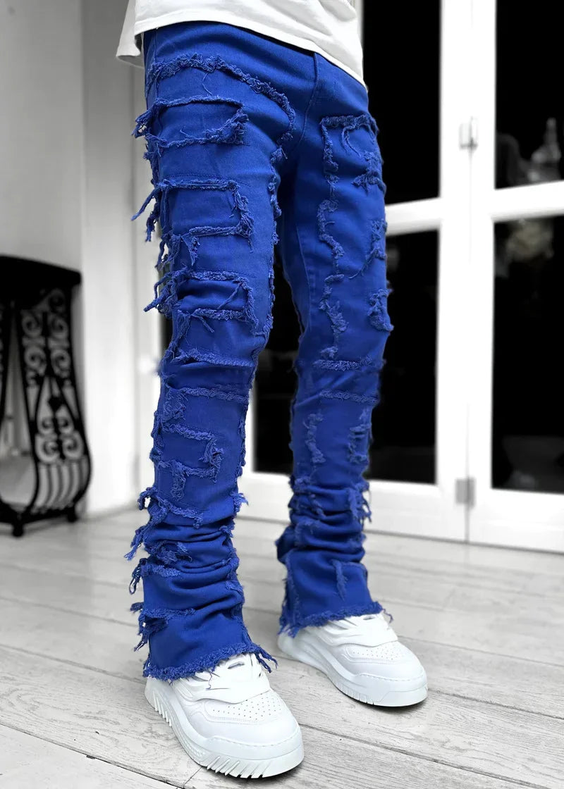 Men's Stacked Jeans Ripped Slim Fit Pht Denim Jeans