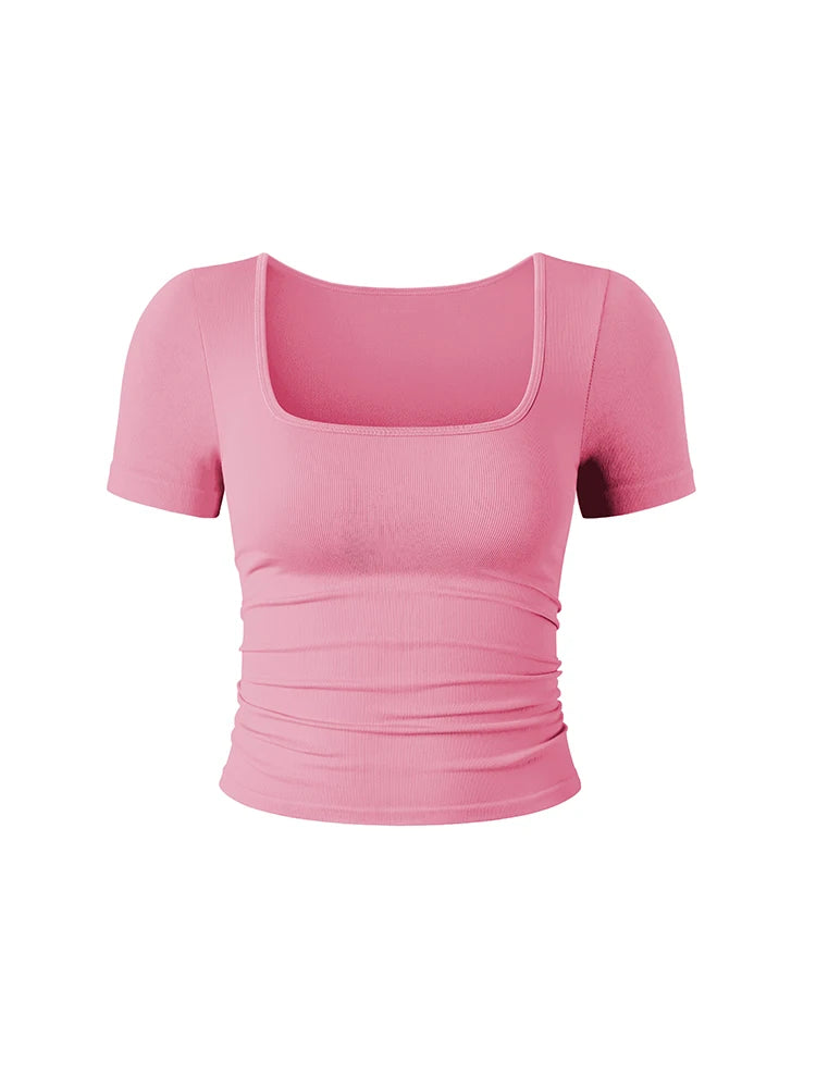 Summer Slim Sexy Women Sports Running Fitness Crop Tops Women's Classic Fashion Shorts Sleeves Crew Neck T-Shirt