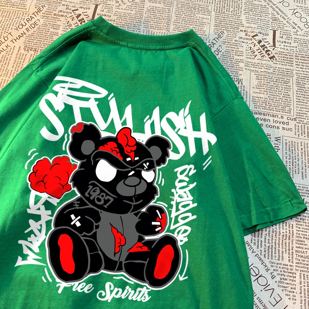 Exploding Black Puppet Bear MenT-Shirts High Quality Cotton Tops Loose T Shirts