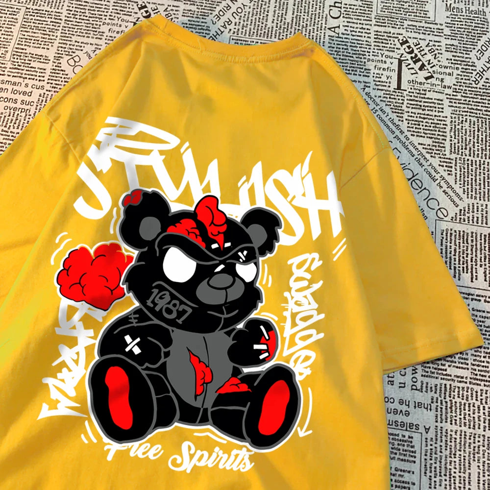 Exploding Black Puppet Bear MenT-Shirts High Quality Cotton Tops Loose T Shirts