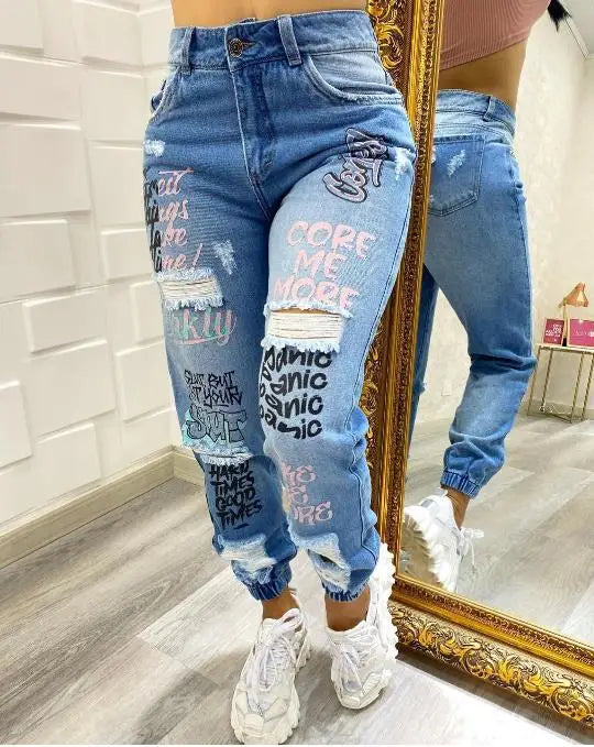 Women Denim Jeans Ankle Length Print Pants Pockets Slim