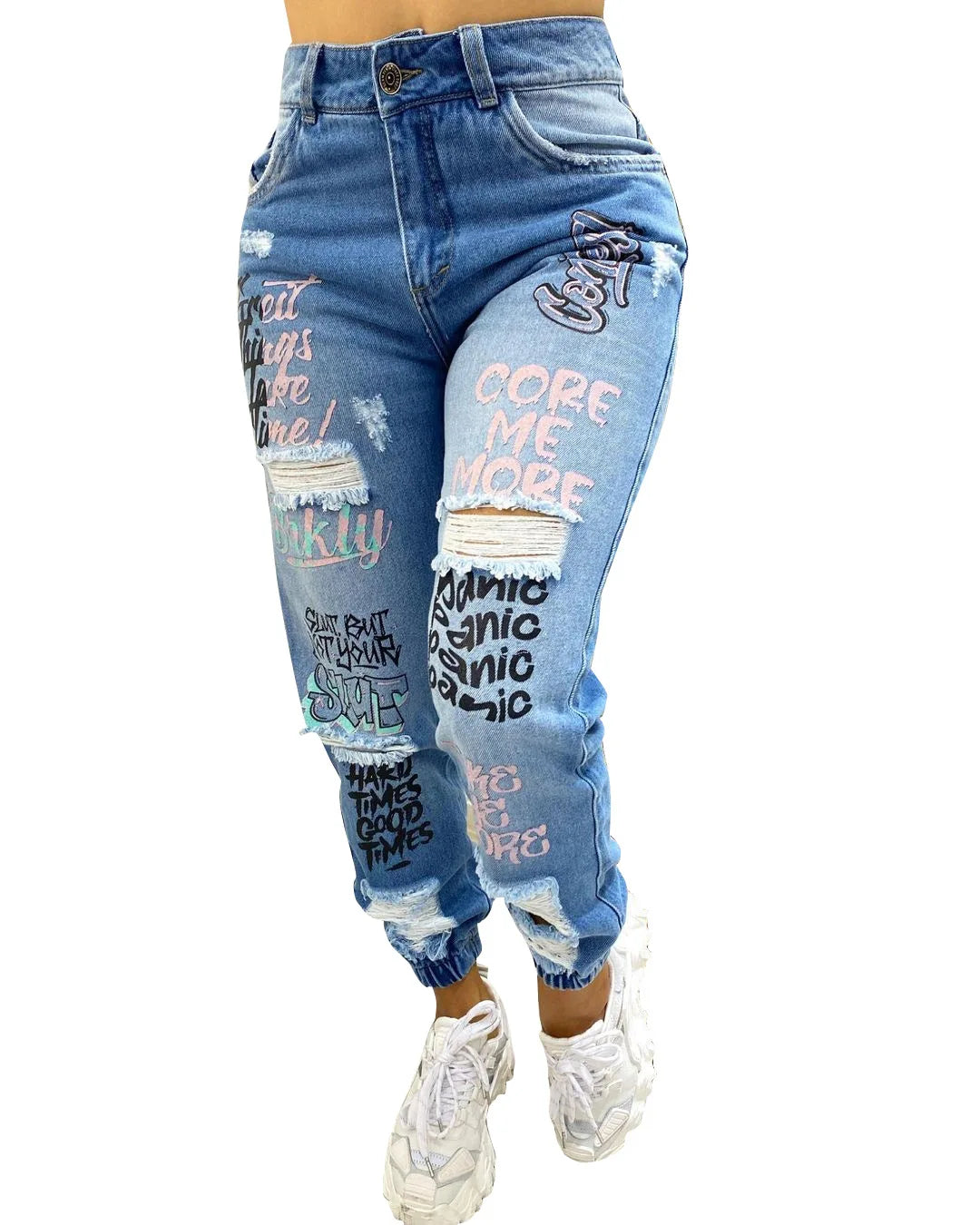 Women Denim Jeans Ankle Length Print Pants Pockets Slim