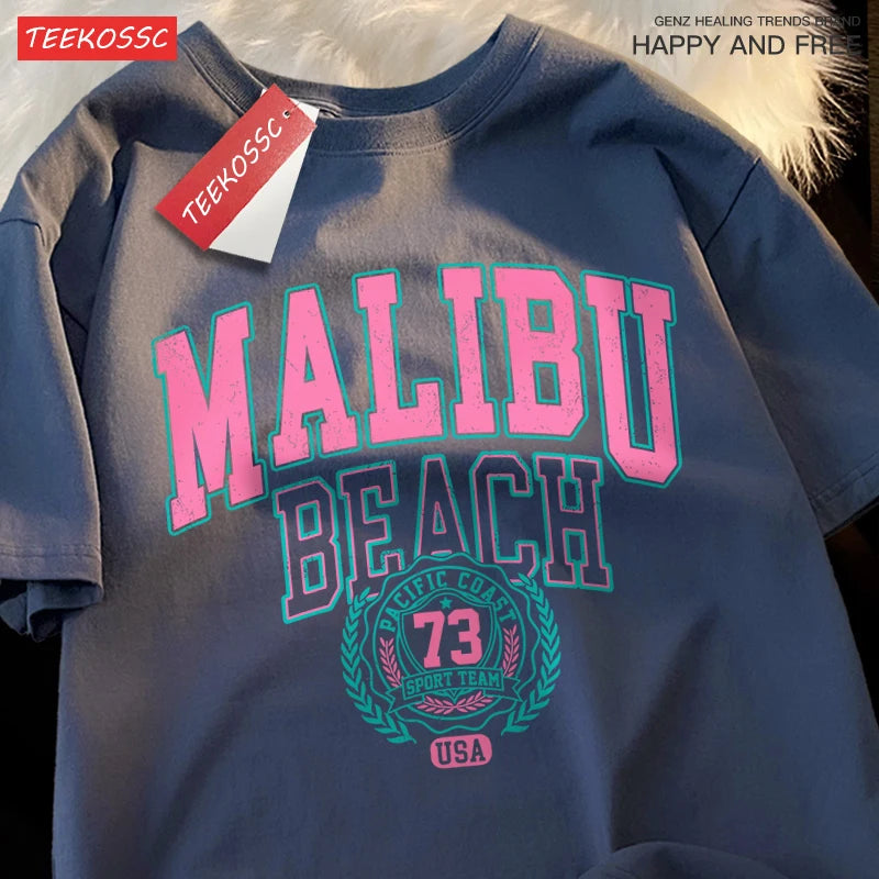 Malibu Beach Simple Letter Printing Print  Women Top Fashion T Shirt Cotton Loose T-Shirt Casual O-Neck Clothes Oversize Top