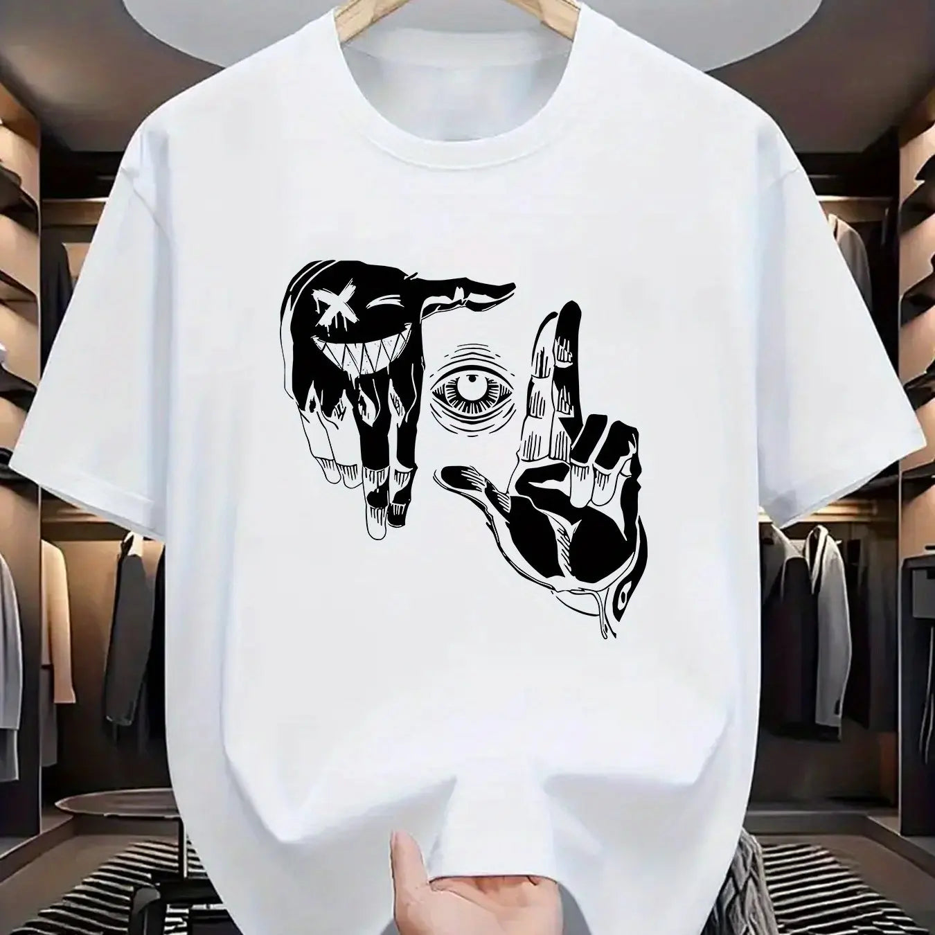 r men's 100% pure cotton casual loose plus size gesture eye personalized pattern printed round neck short sleeved T-shirt