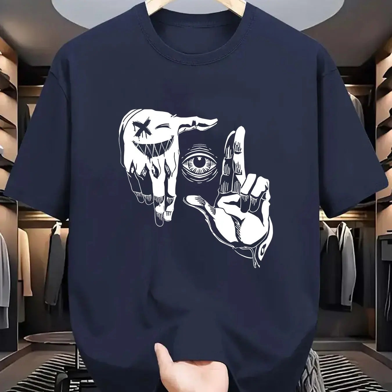 r men's 100% pure cotton casual loose plus size gesture eye personalized pattern printed round neck short sleeved T-shirt