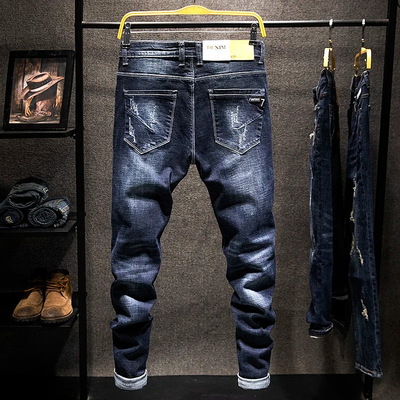 Ripped Jeans Men Slim-fit Denim Pants Fashion Elasticity Versatile Blue Black Men's Clothing