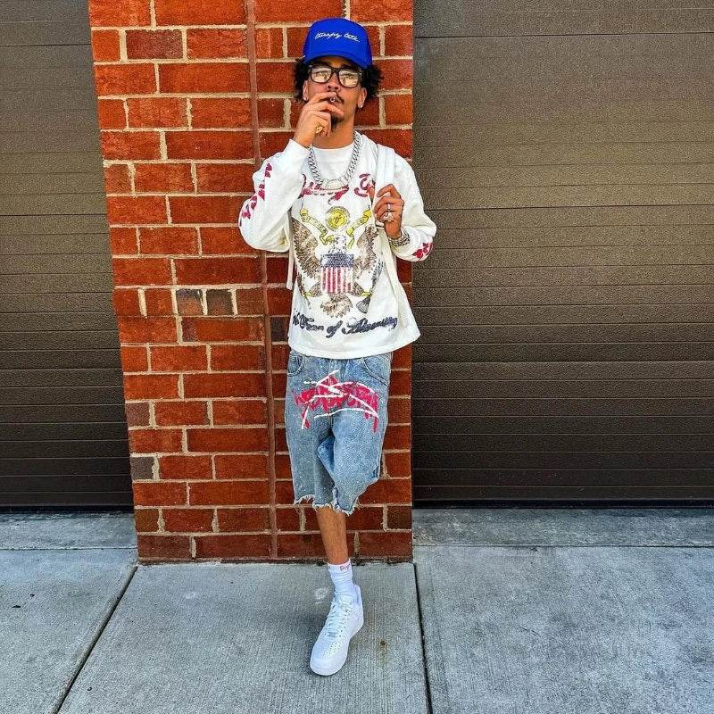 Y2K Graffiti Jorts s Men Women TRhinestone Distressed Printed Denim Shortrend Streetwear Unisex Baggy Short Pants