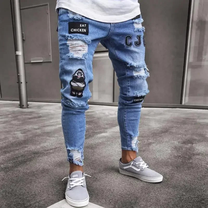 Plus Size Pants Men Skinny Ripped Hole Patchwork Jeans Slim Pencil Denim Streetwear Men's