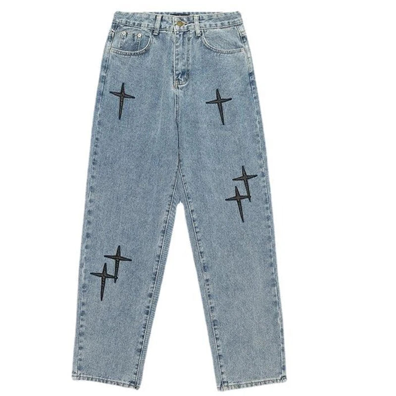 Vintage Fashion Straight Casual Loose Denim Cargo Pants Men Designer Prints Star Jeans Streetwear Loose Wide Leg Jeans