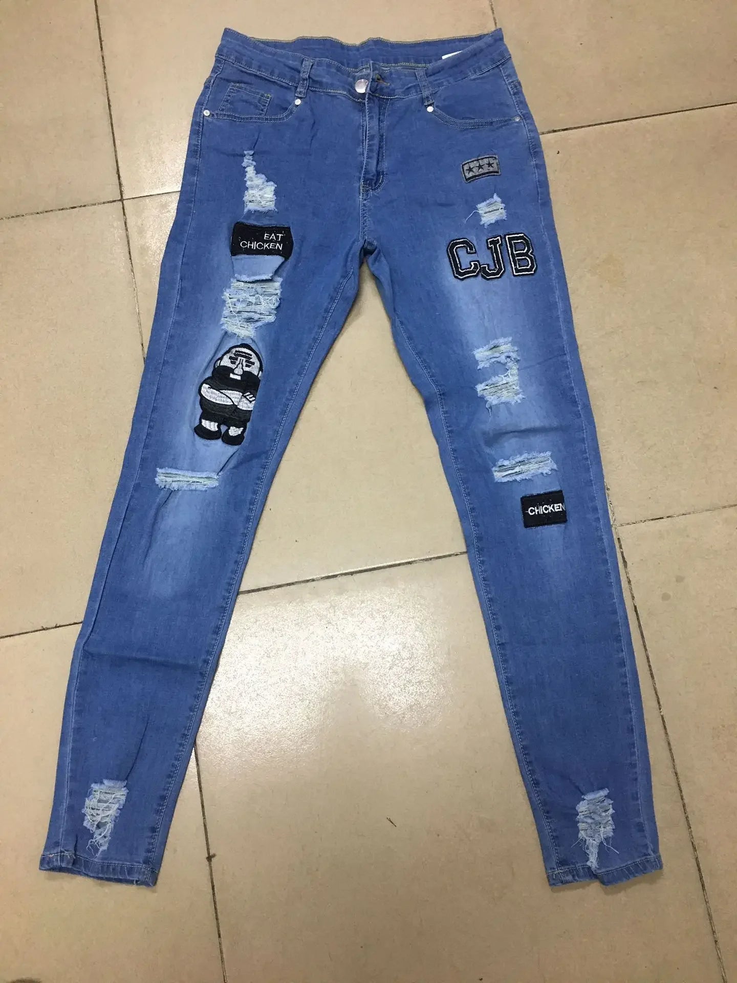Plus Size Pants Men Skinny Ripped Hole Patchwork Jeans Slim Pencil Denim Streetwear Men's