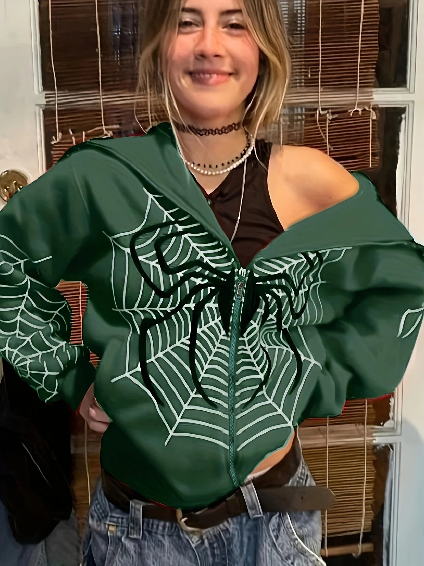 Cross Border Spider Web Zipper Sweater Women's Casual Trendy Hoodie