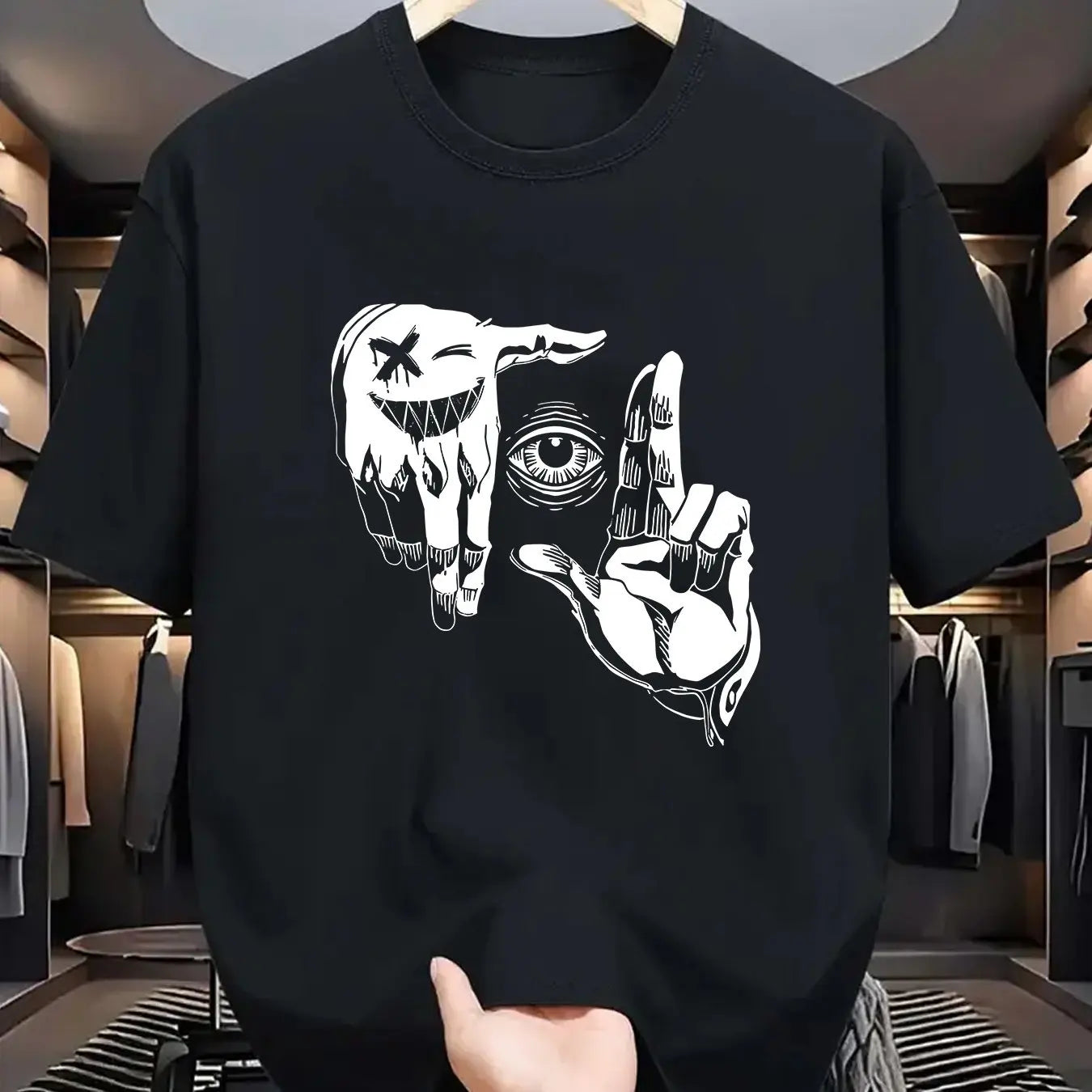 r men's 100% pure cotton casual loose plus size gesture eye personalized pattern printed round neck short sleeved T-shirt
